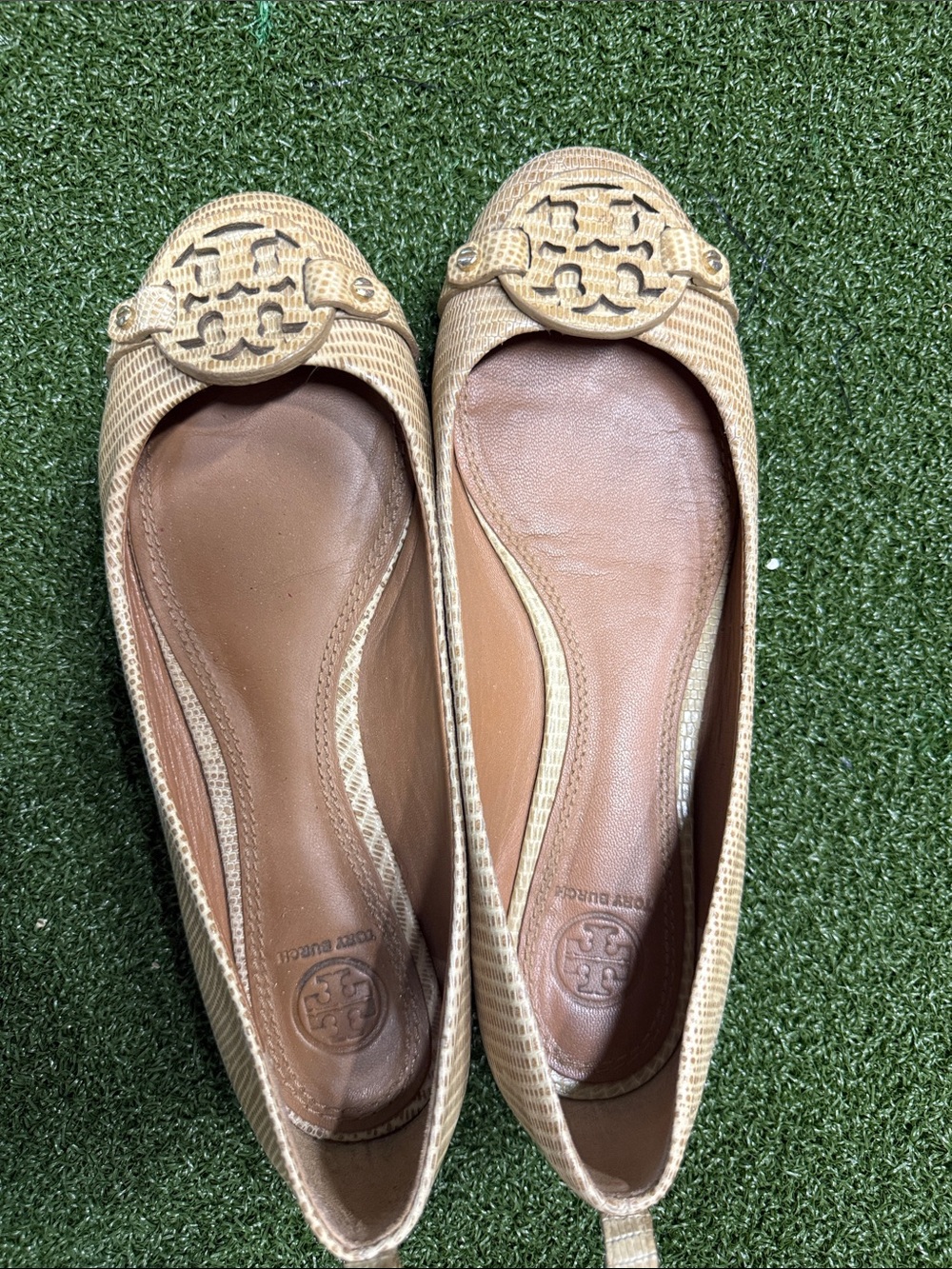 Tory Burch Natural Tan Woven Logo Ballet Flats